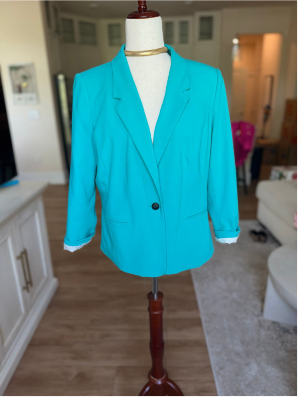 Women's kensie Teal Blazer Standard L with White Polka Dot Lining